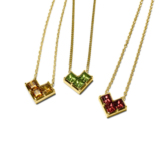 Three Geo Heart Necklaces featuring Citrine, Peridot and Garnet