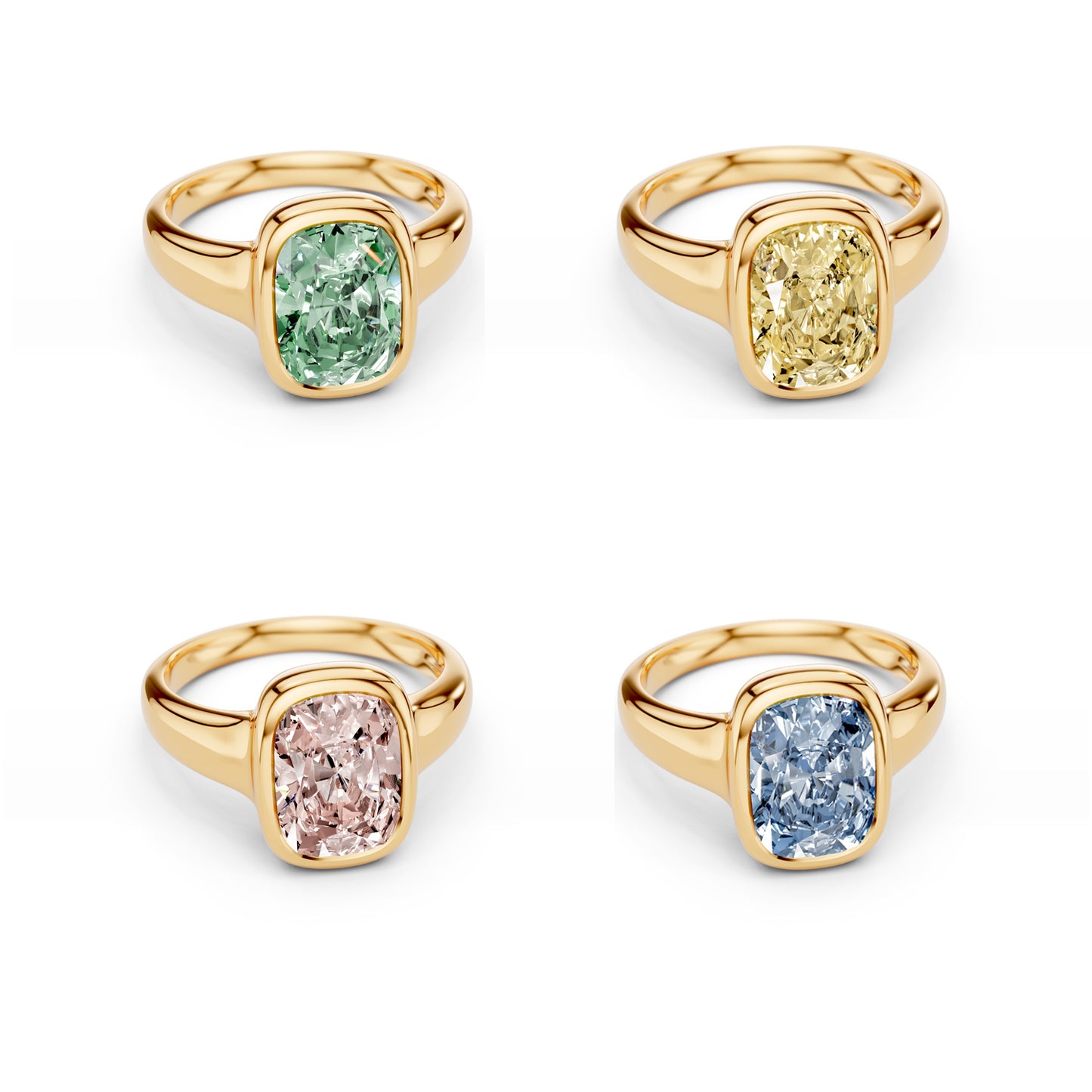 Chunky elongated cushion-cut rings with green, yellow, pink and blue lab-grown diamonds