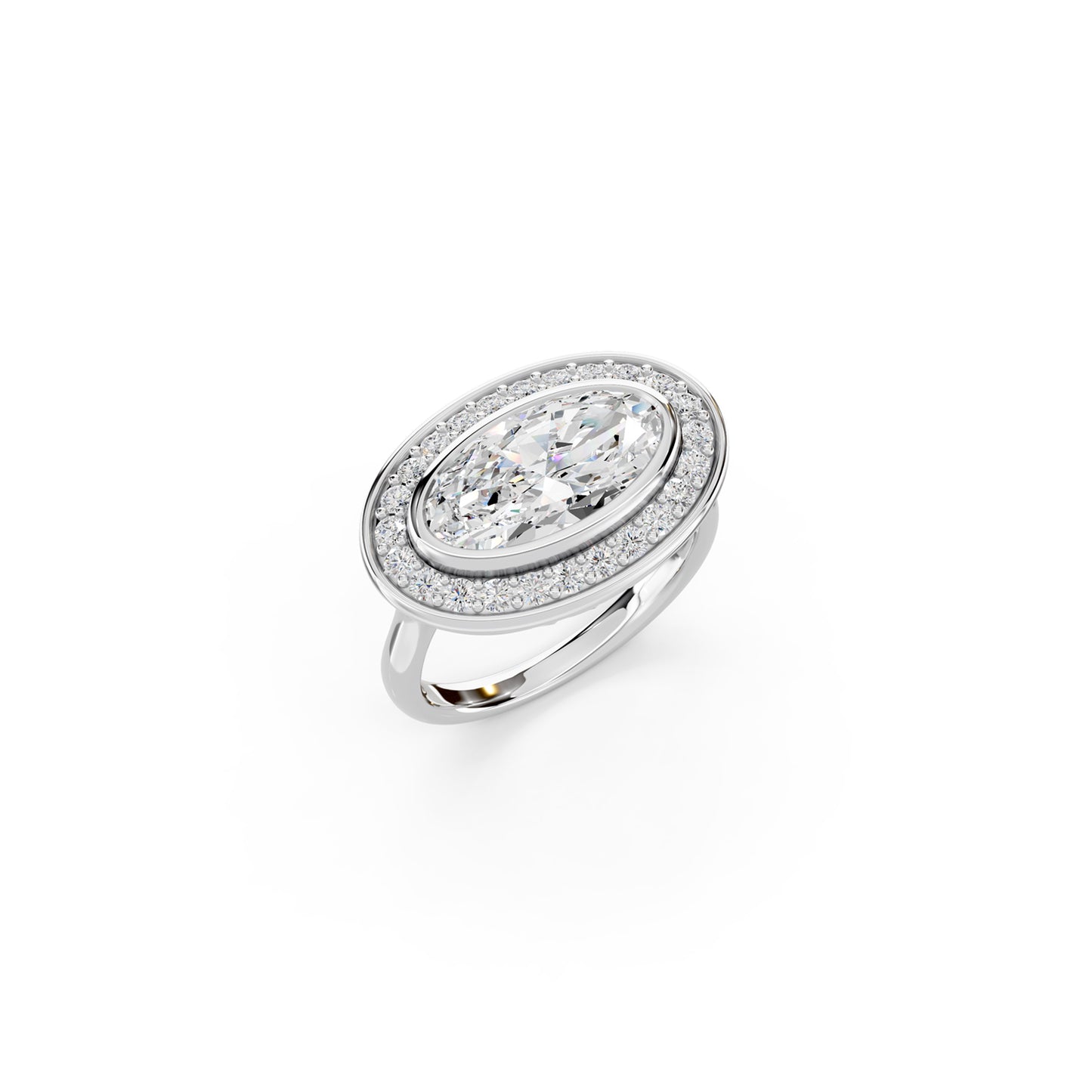 Perspective view of white gold bezel set moval-cut halo engagement ring