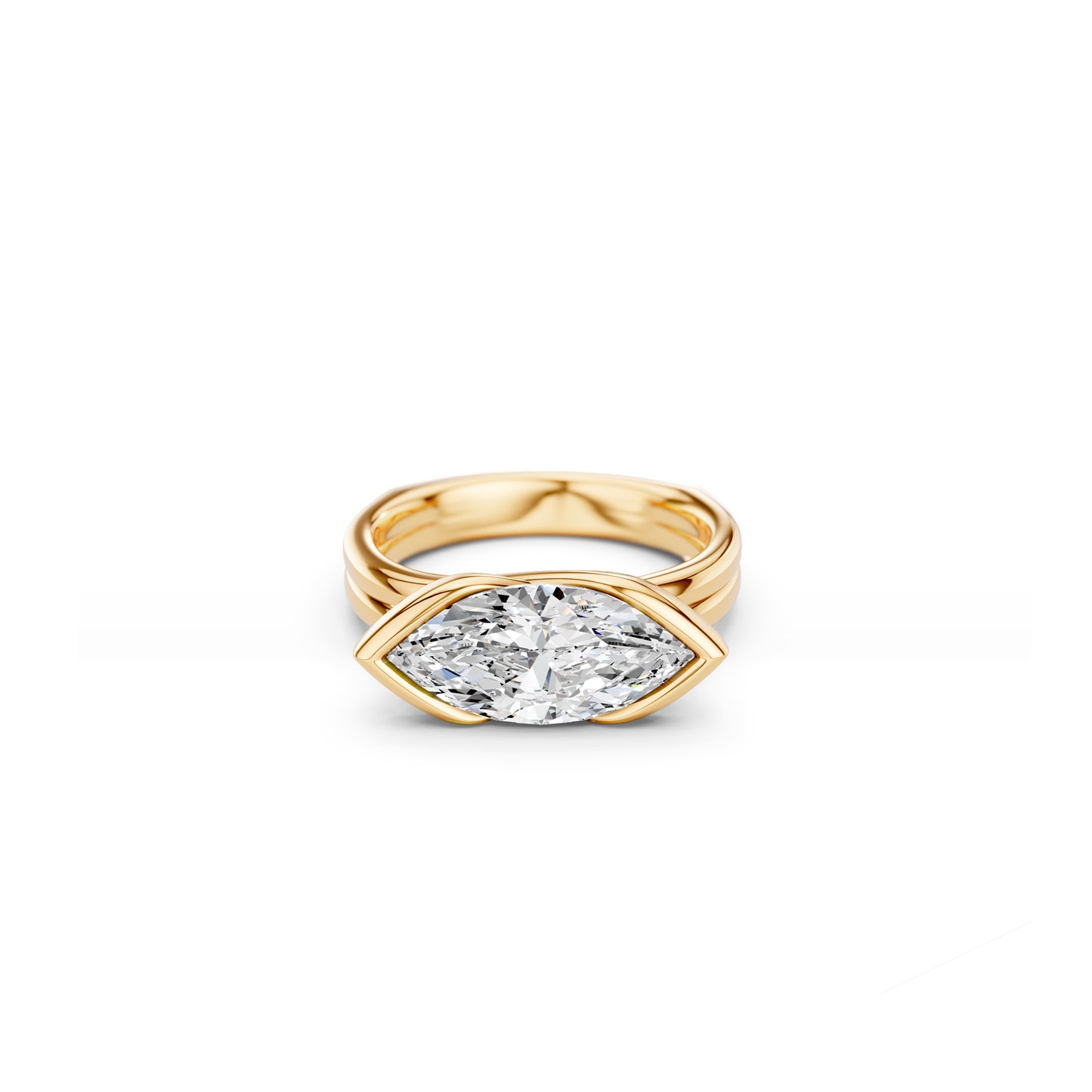 East-west marquise diamond statement ring with bold finger coverage n yellow gold
