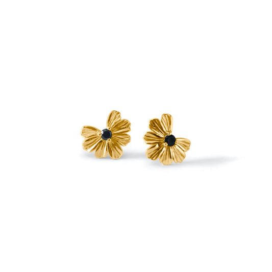 Floral heart stud earrings in 9k yellow gold with black moissanite.