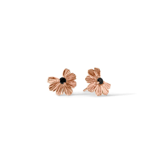 Floral heart stud earrings in 9k rose gold with black moissanite.