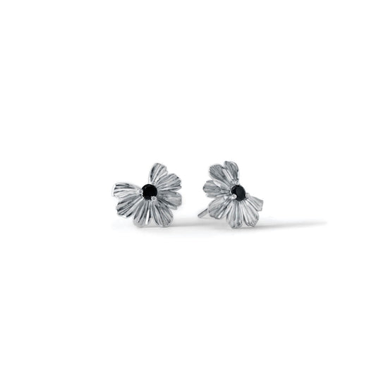 Sterling Silver Floral Heart stud earrings with black moissanite