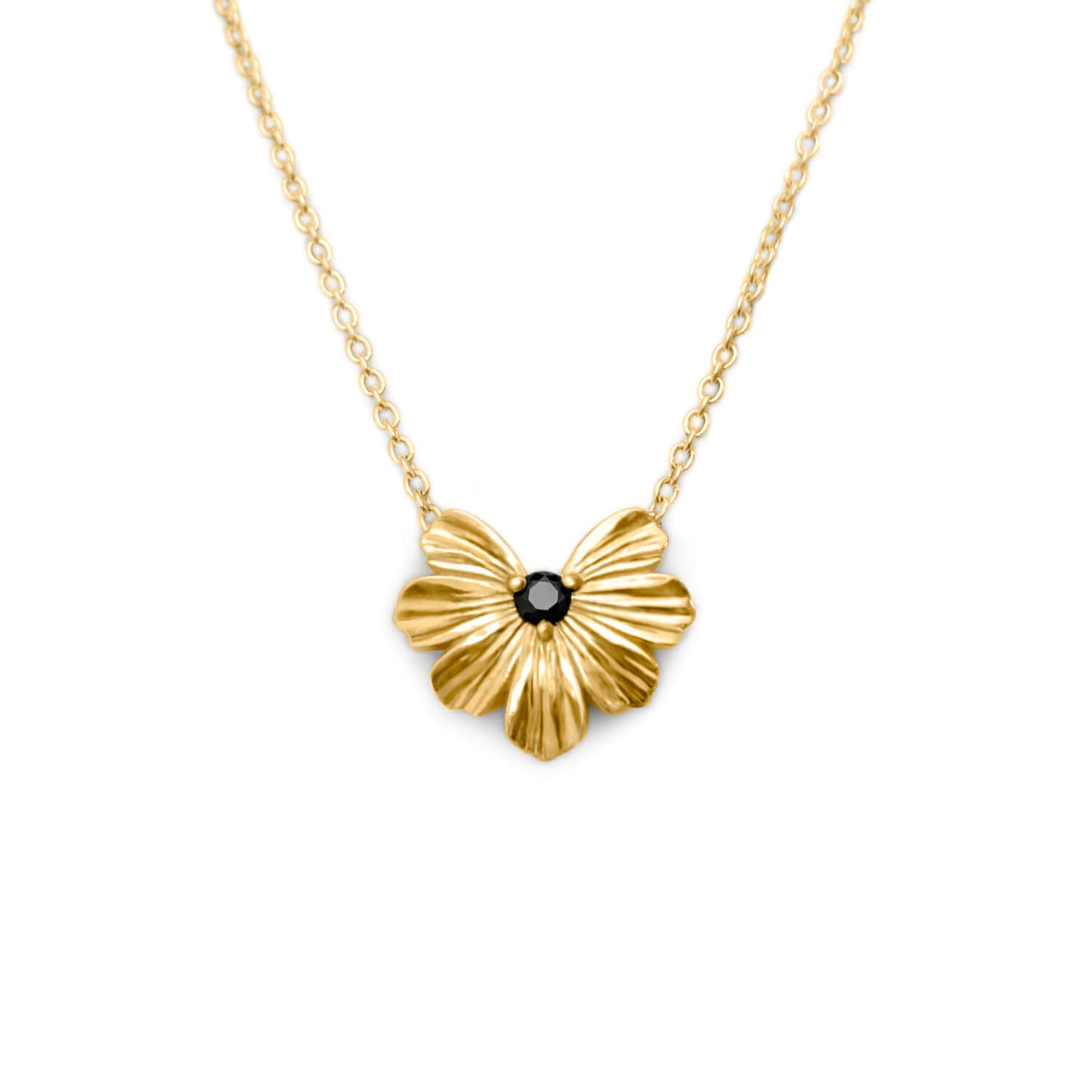 Floral Heart pendant in 9k yellow gold with black moissanite on a rolo chain.