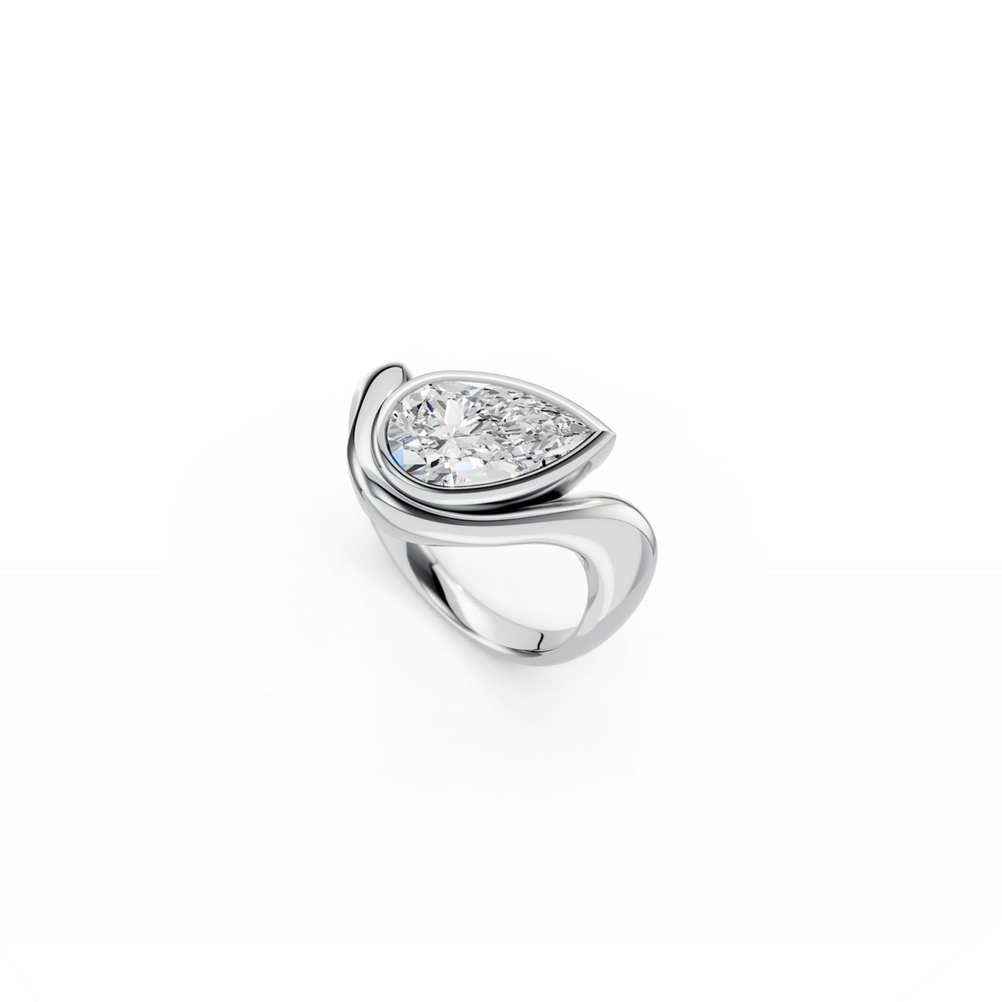 Sculptural wave engagement ring with angled 2ct pear-shaped diamond in white gold