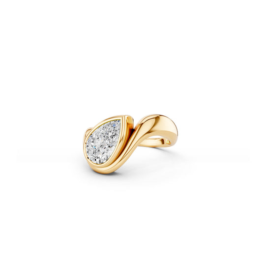 Side view of yellow gold wave engagement ring showing curved band and angled diamond