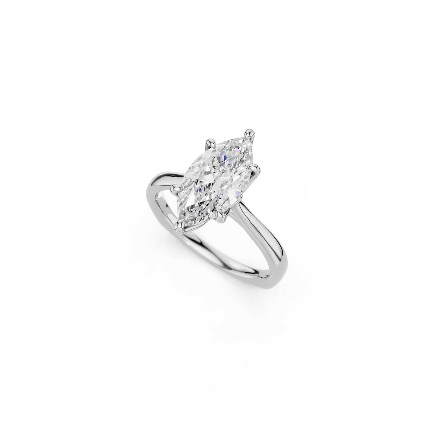 Top view showing elegant proportions of marquise-cut diamond solitaire ring with cathedral shoulders in white gold