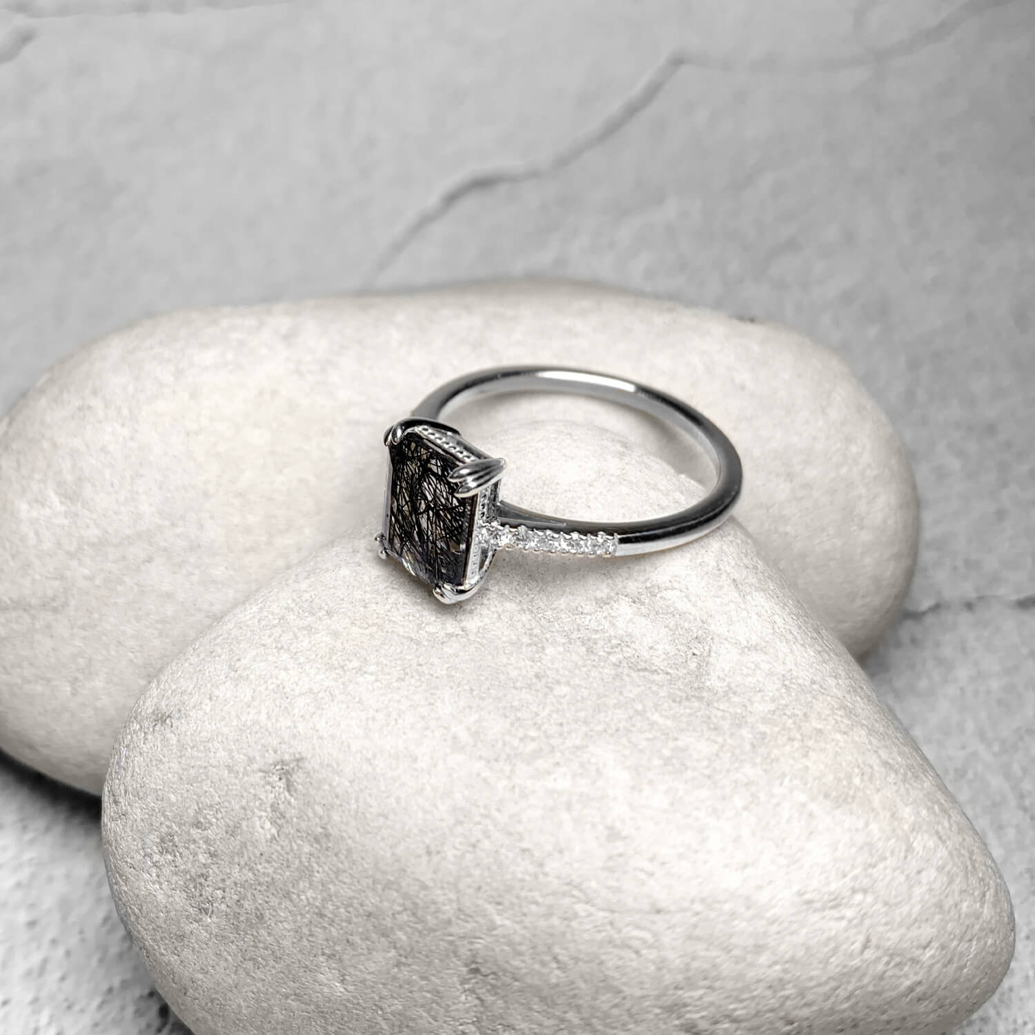 Silver ring with octagon cut Tourmalated quartz and moissanite