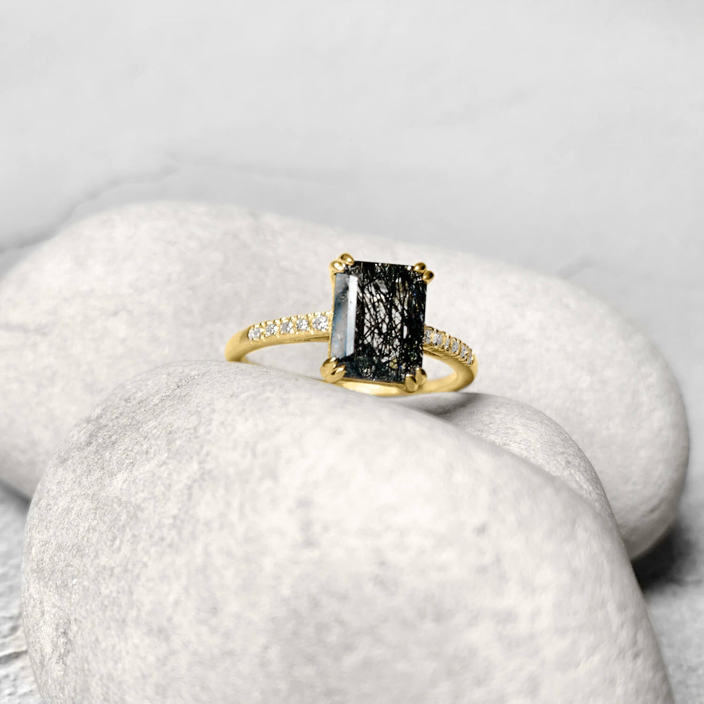 Yellow gold ring with octagon Tourmalated quartz and moissanite