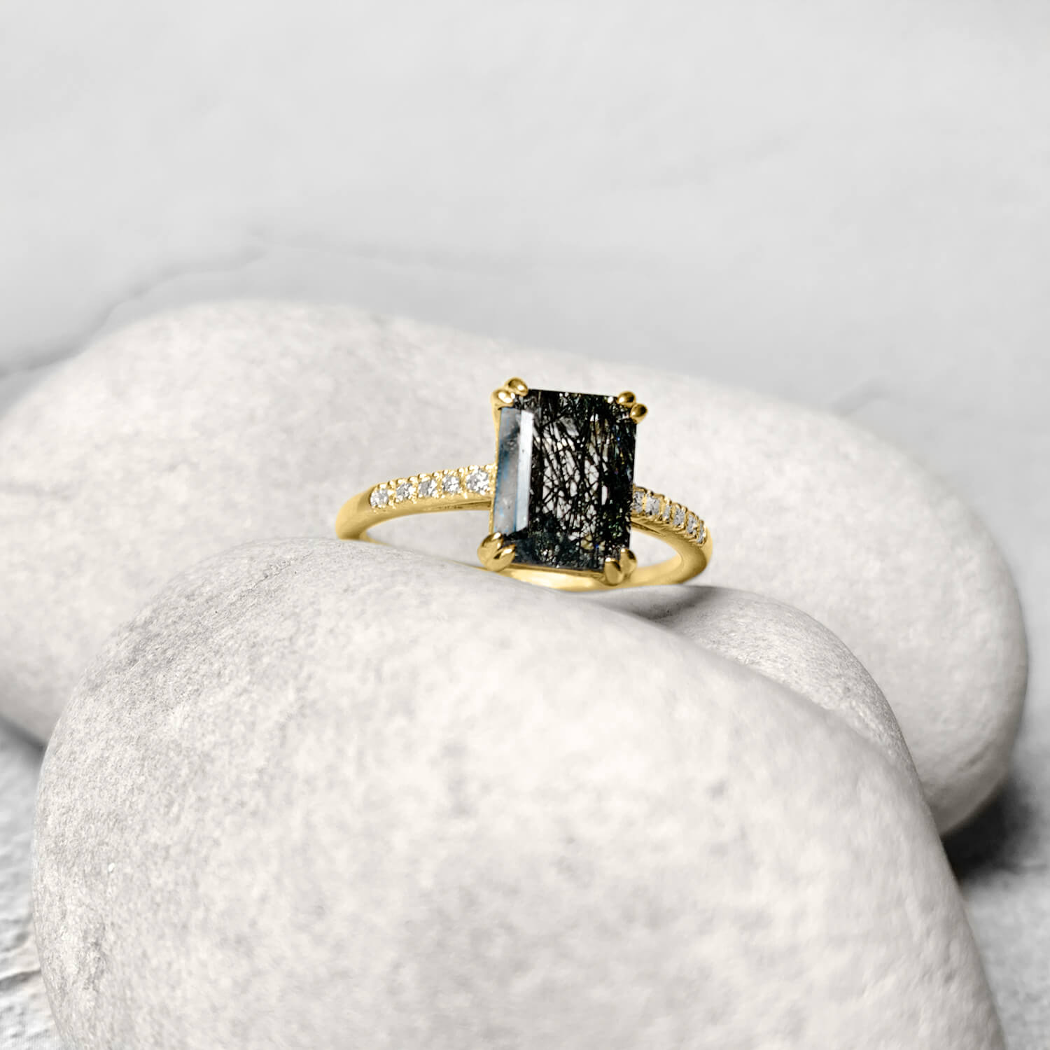 Yellow gold ring with octagon Tourmalated quartz and moissanite