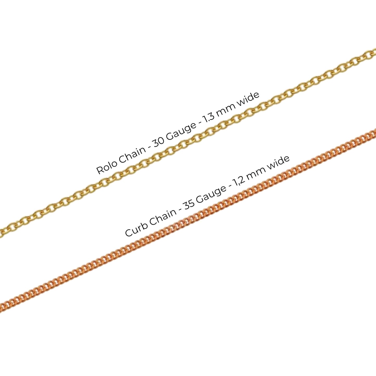 Rolo and curb chain options in 9k gold