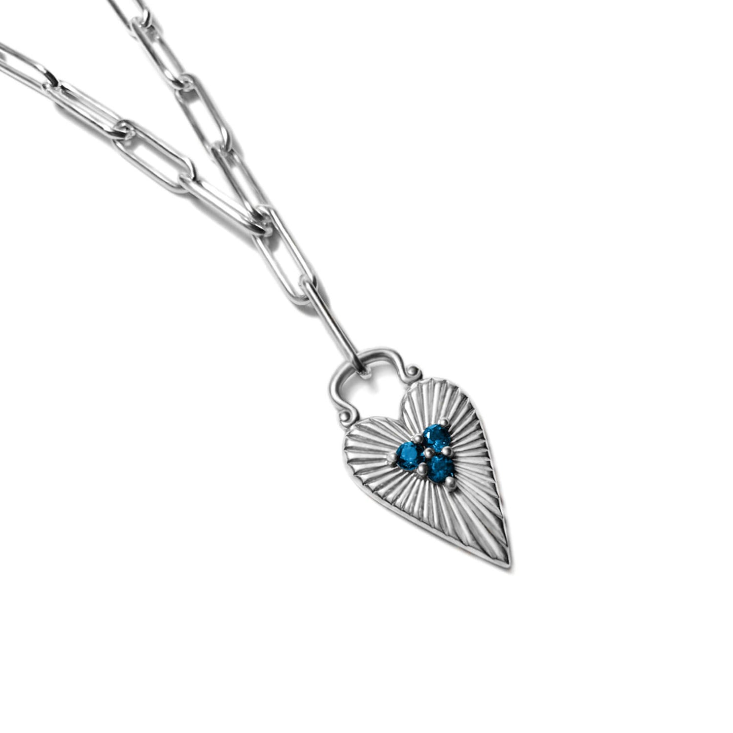 Silver Sunburst Heart pendant set with London blue Topaz on a round paperclip chain