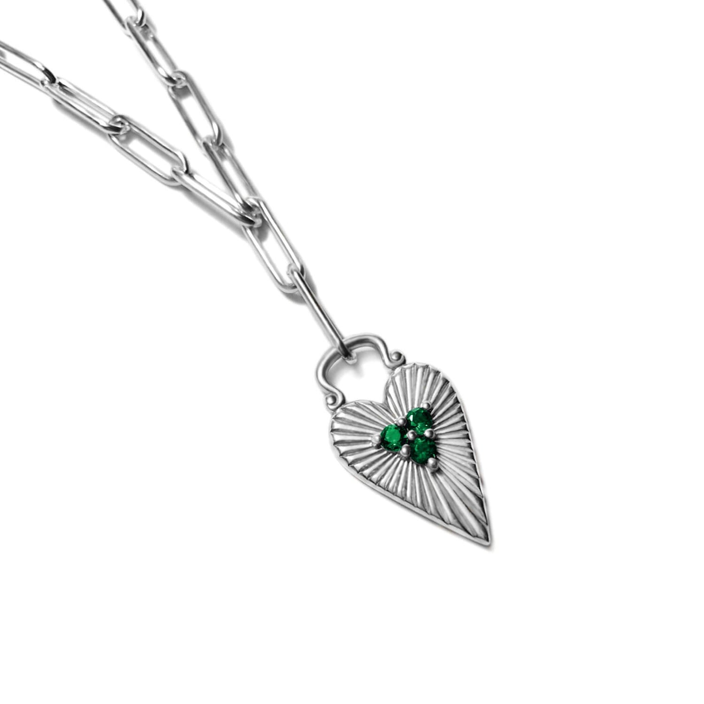 Silver Sunburst Heart pendant set with green CZ on a round paperclip chain