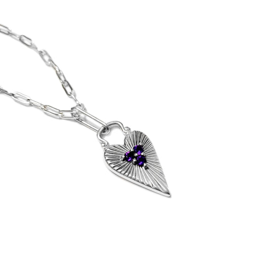 Sunburst Heart with amethyst on skinny paper clip chain