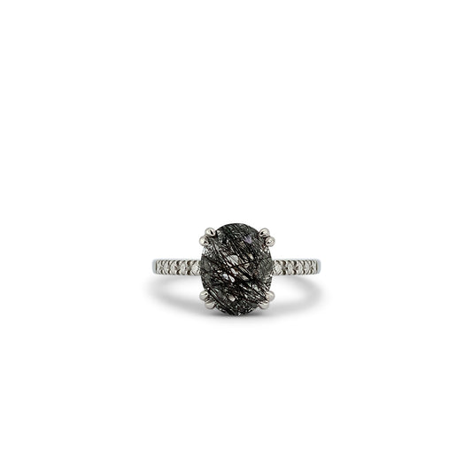 Front view of tourmalated quartz and moissanite ring