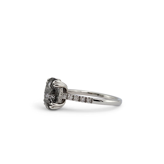 Side view of Kismet ring with moissanite and tourmalated quartz