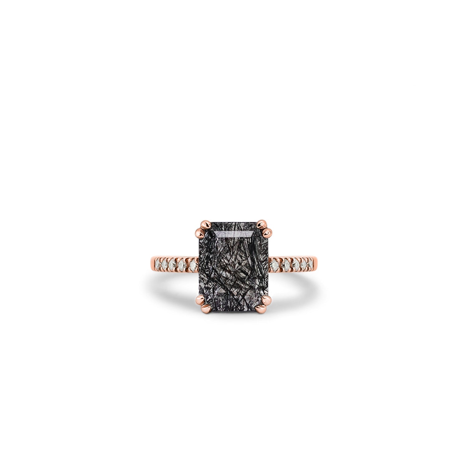 9k Rose gold ring with emerald cut Tourmalated quartz and moissanite