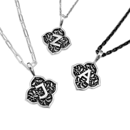 Sterling silver, clover shaped initial pendants