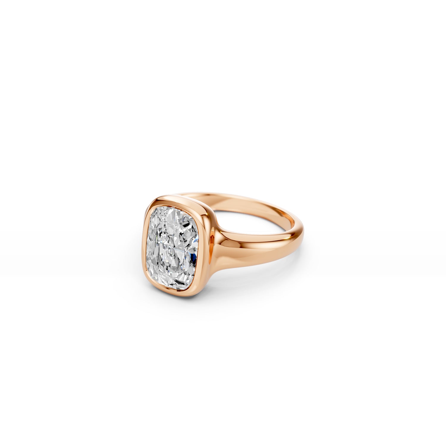Side view cushion-cut engagement ring showing bold gold silhouette and low-profile setting 