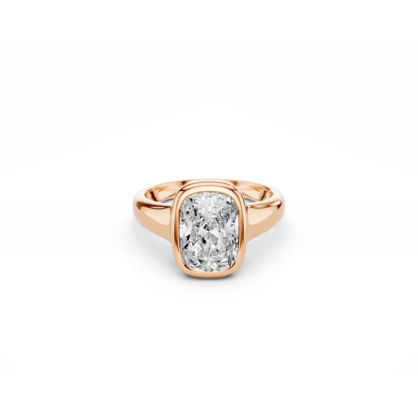Luxe bezel set cushion-cut engagement ring with chunky curves in rose gold