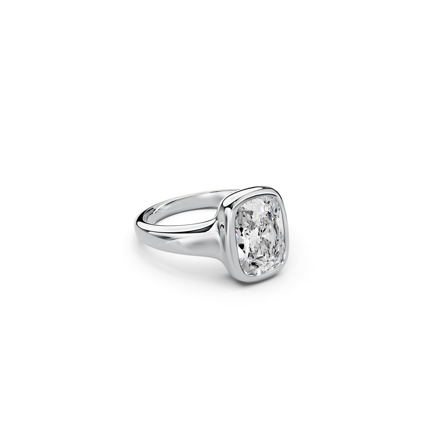 Side view of chunky elongated cushion-cut bezel ring in white gold