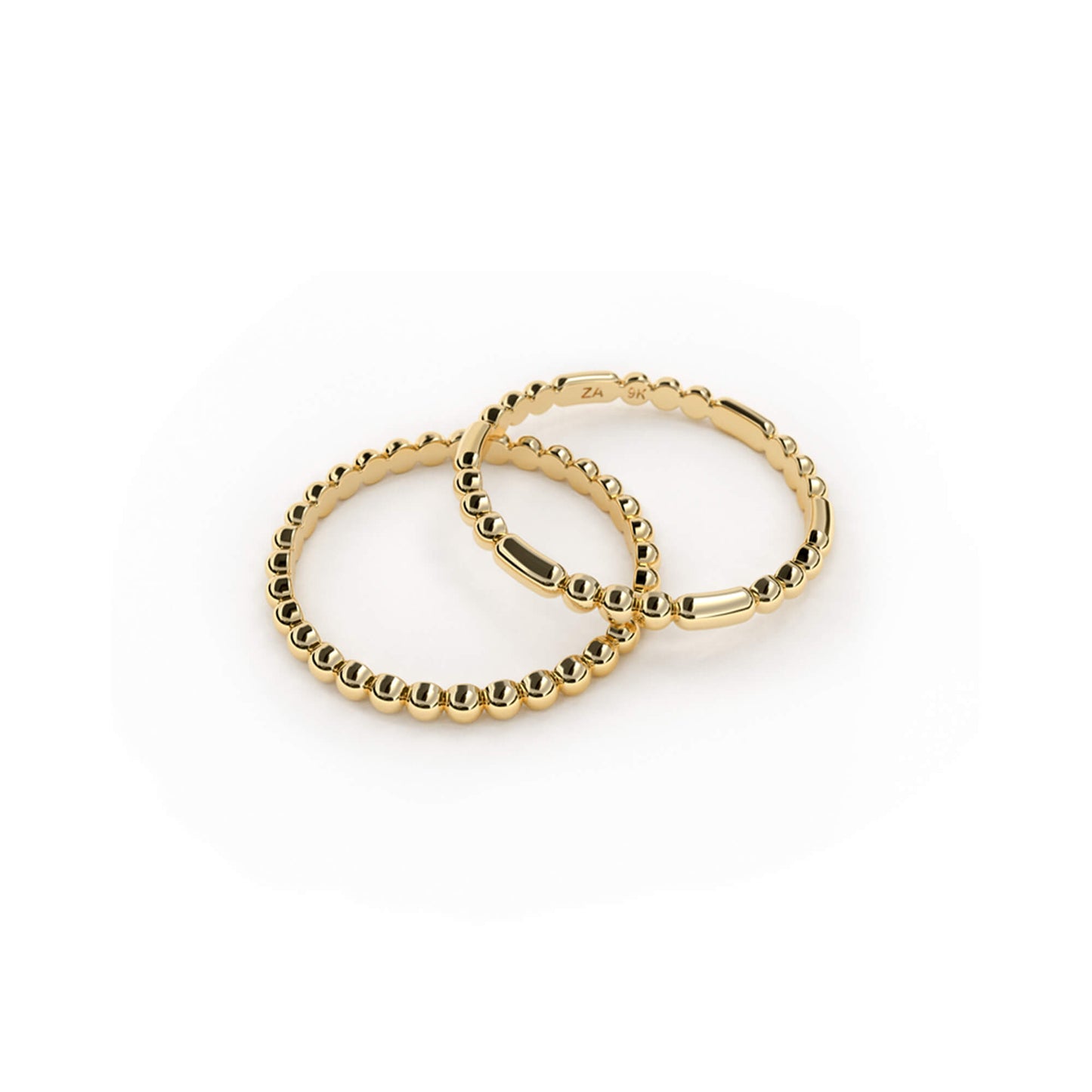 Connect the dots ring and a Dotted Line ring in 9k yellow gold