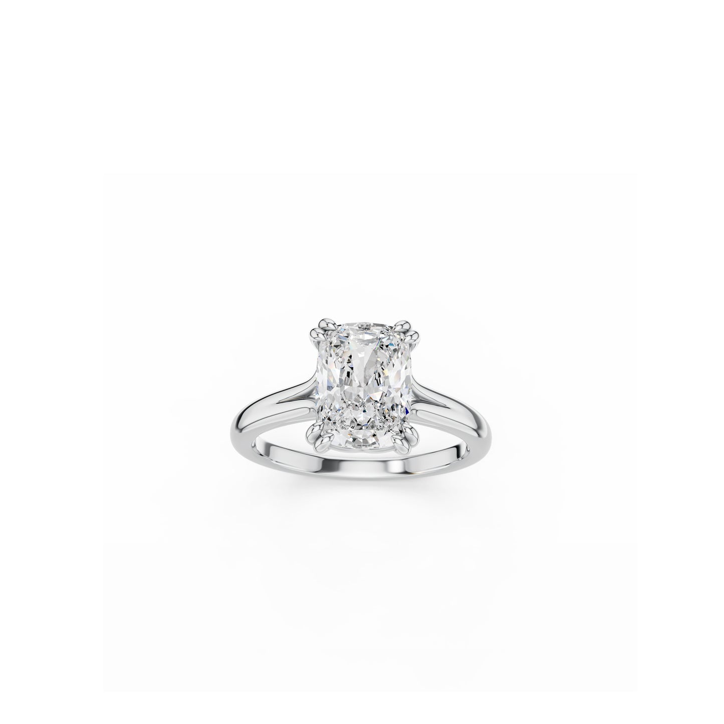 Elongated cushion-cut diamond engagement ring with split band design in white gold 