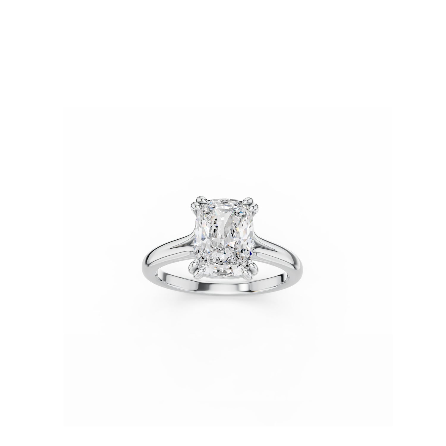 Elongated cushion-cut diamond engagement ring with split band design in white gold 