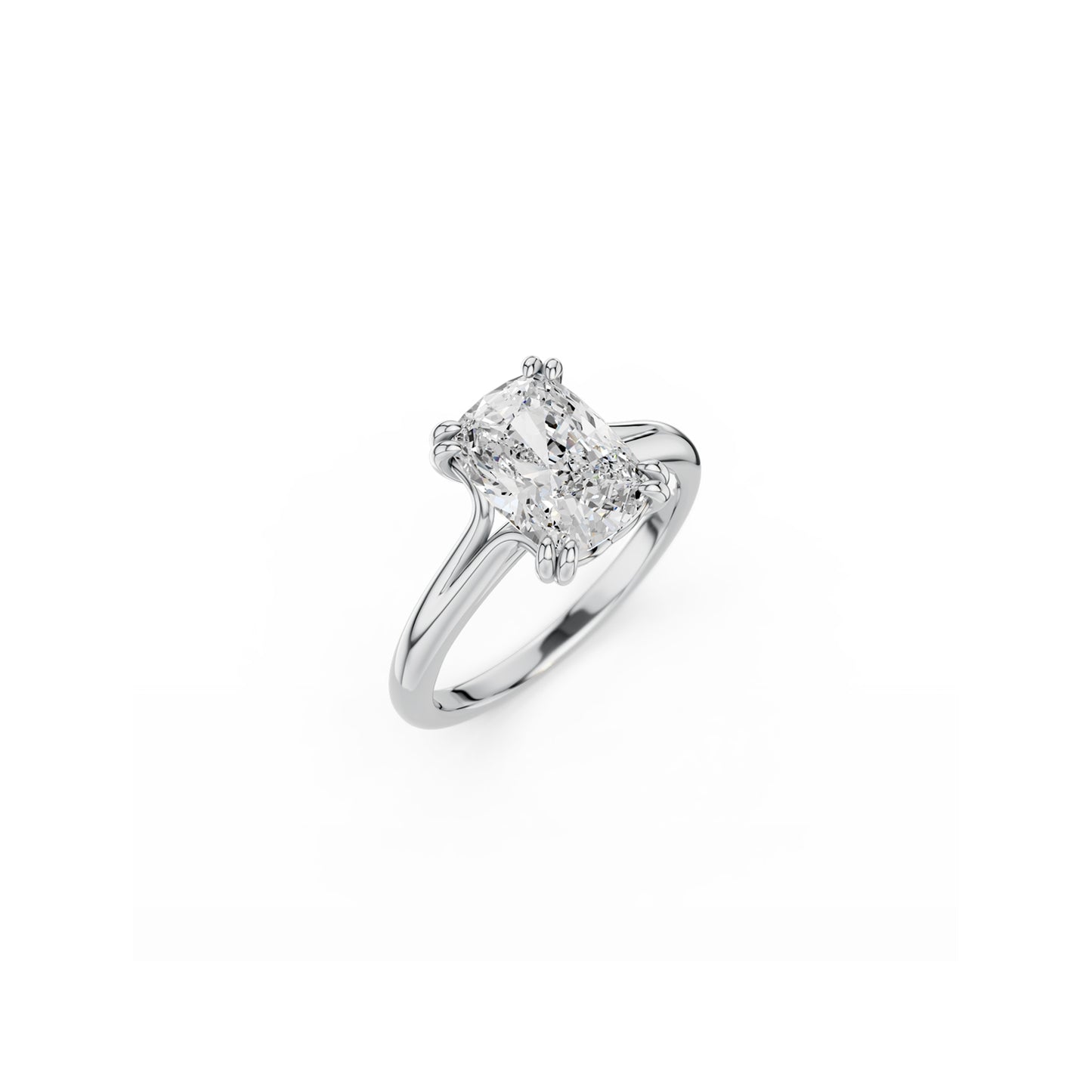 Classic Cushion-cut solitaire ring with split band and double claws in platinum 