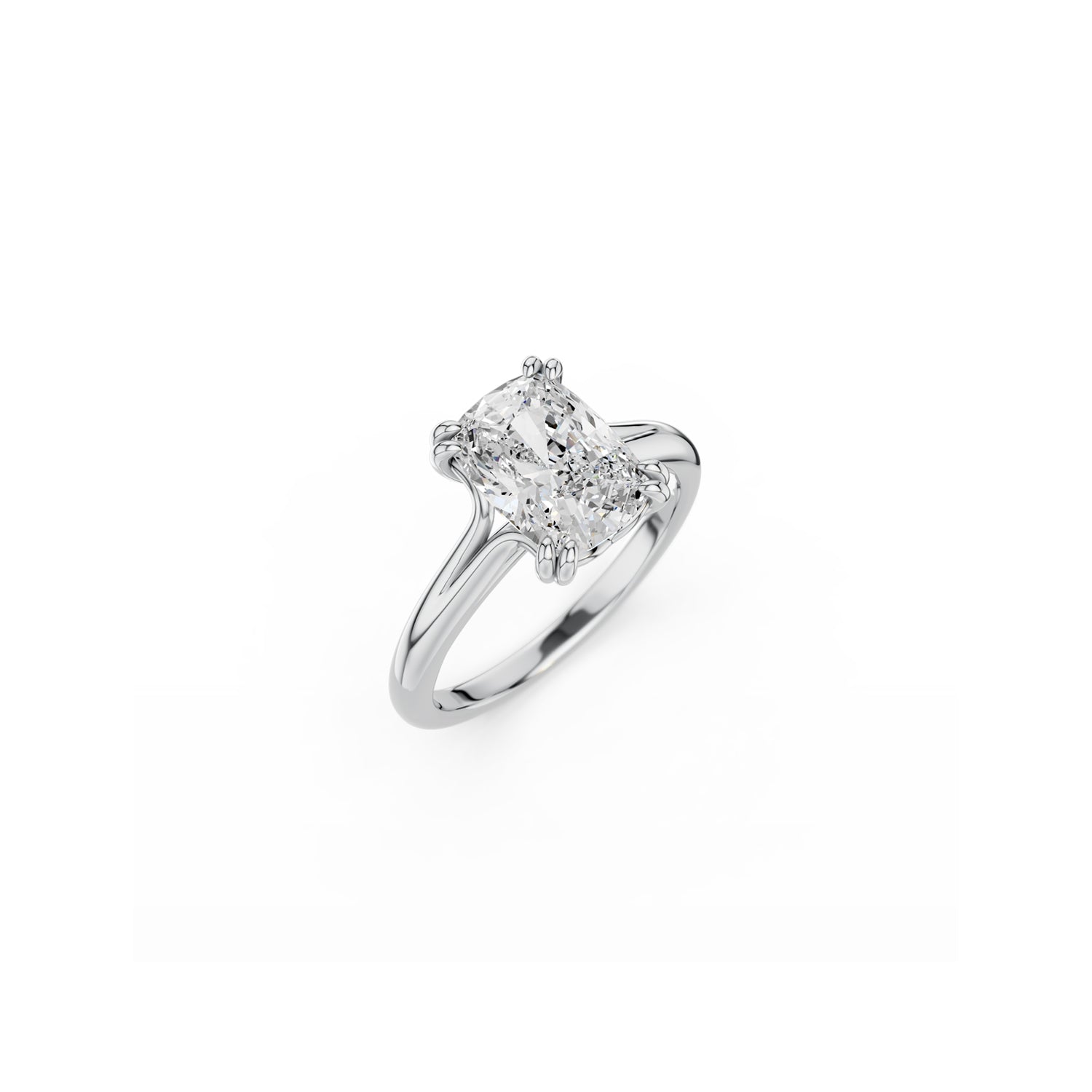 Classic Cushion-cut solitaire ring with split band and double claws in platinum 