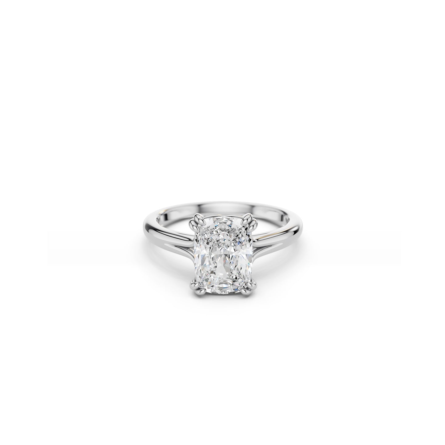 White gold cushion-cut diamond solitaire ring with feminine curves 