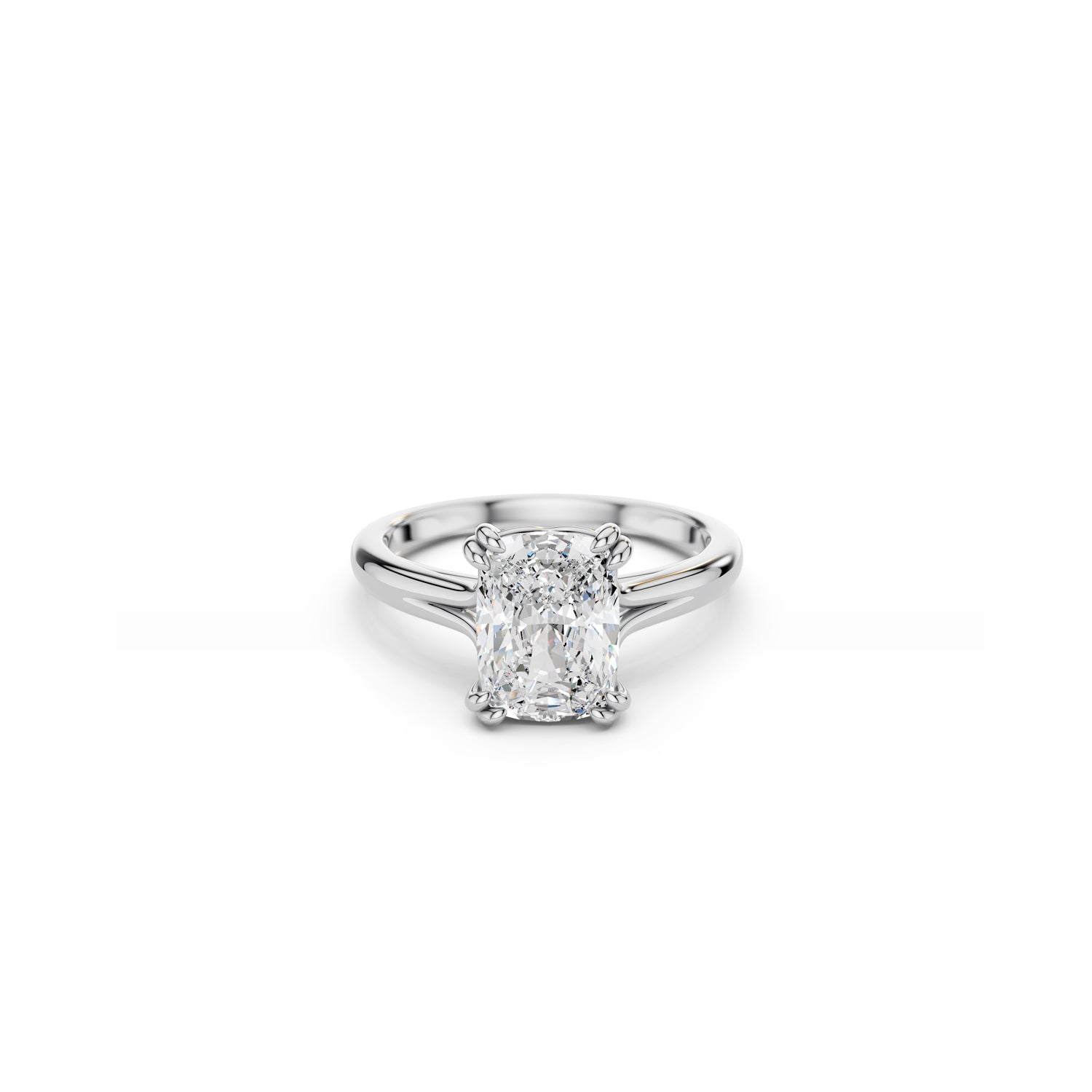 White gold cushion-cut diamond solitaire ring with feminine curves 