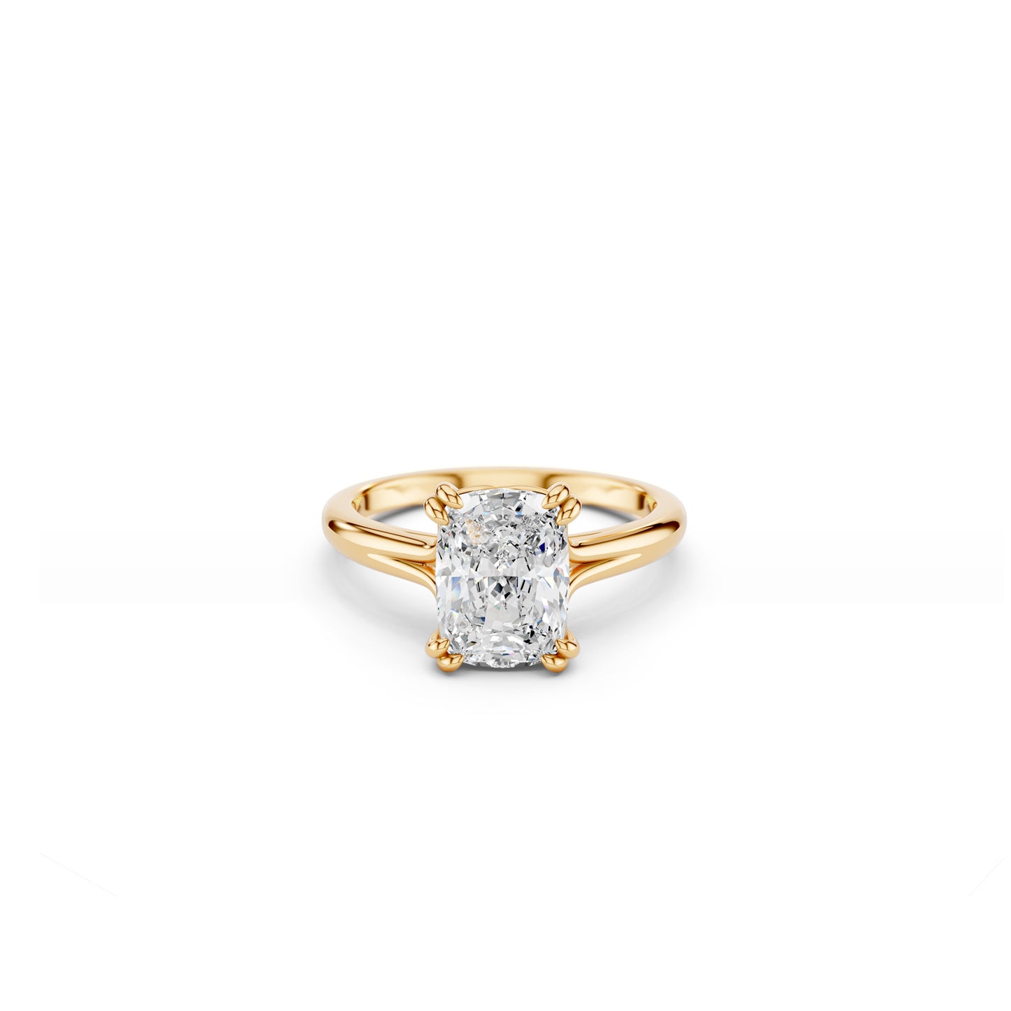Classic elongated cushion diamond ring with split band and double claw setting 