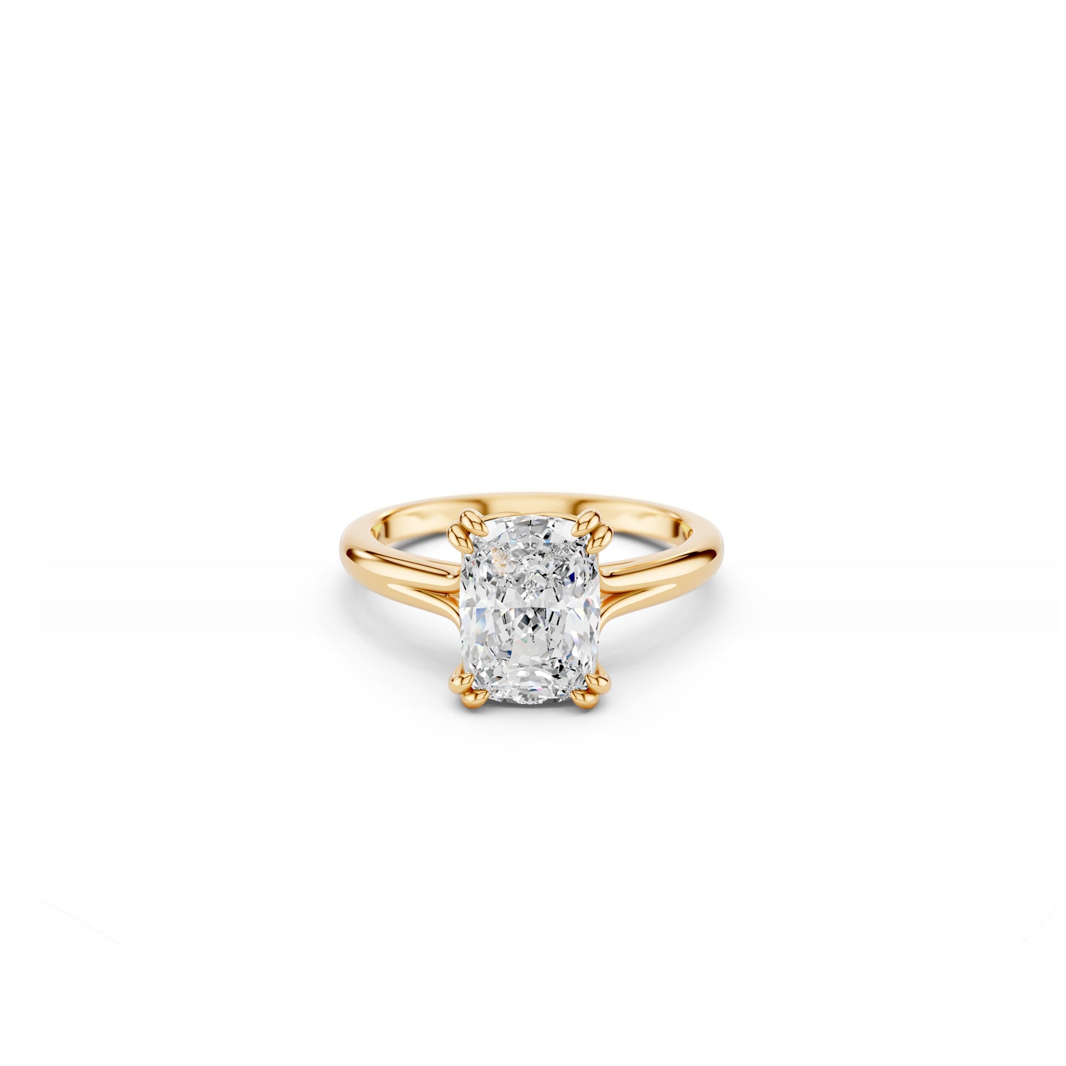 Classic elongated cushion diamond ring with split band and double claw setting 