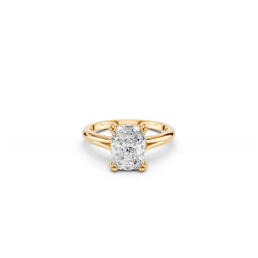 Classic elongated cushion diamond ring with split band and double claw setting 