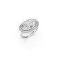 Perspective view of white gold bezel set moval-cut halo engagement ring