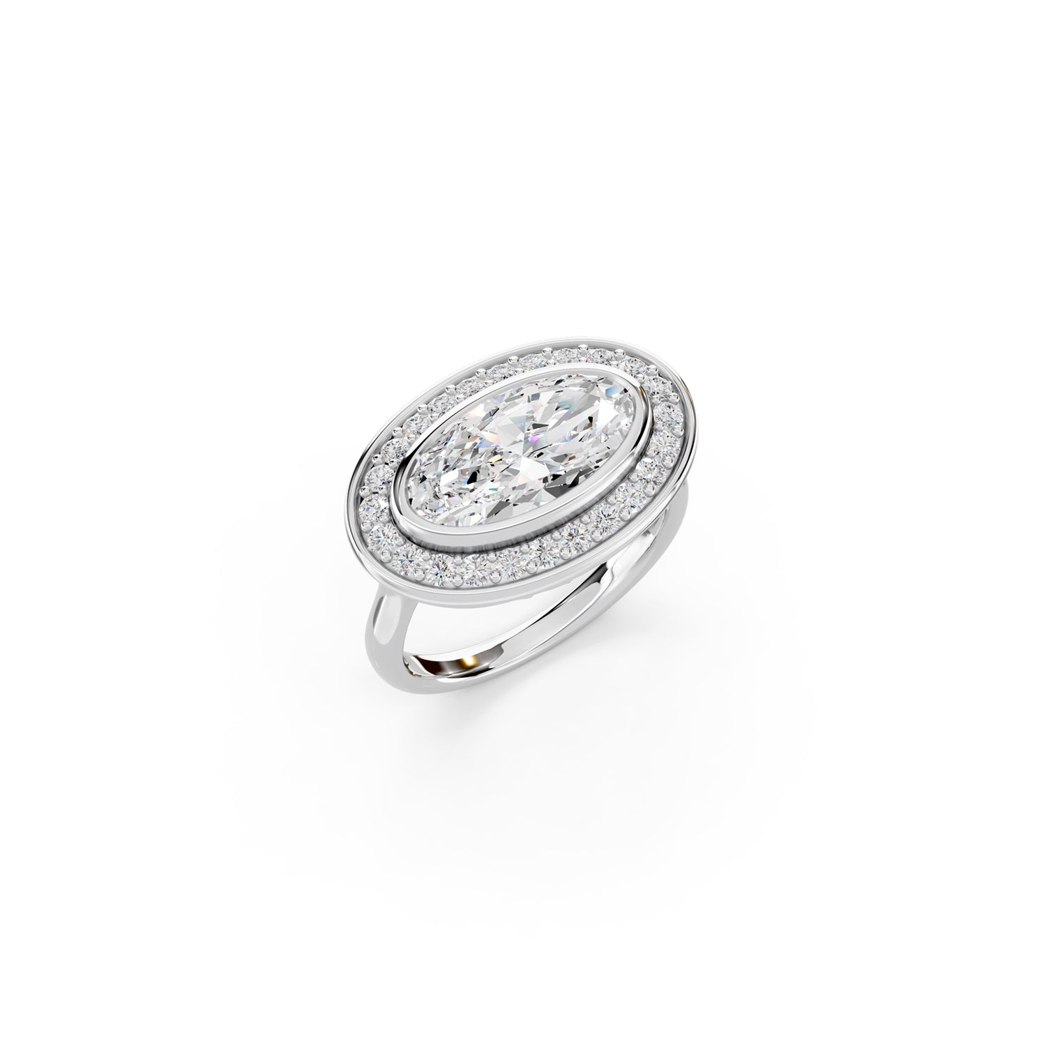 Perspective view of white gold bezel set moval-cut halo engagement ring