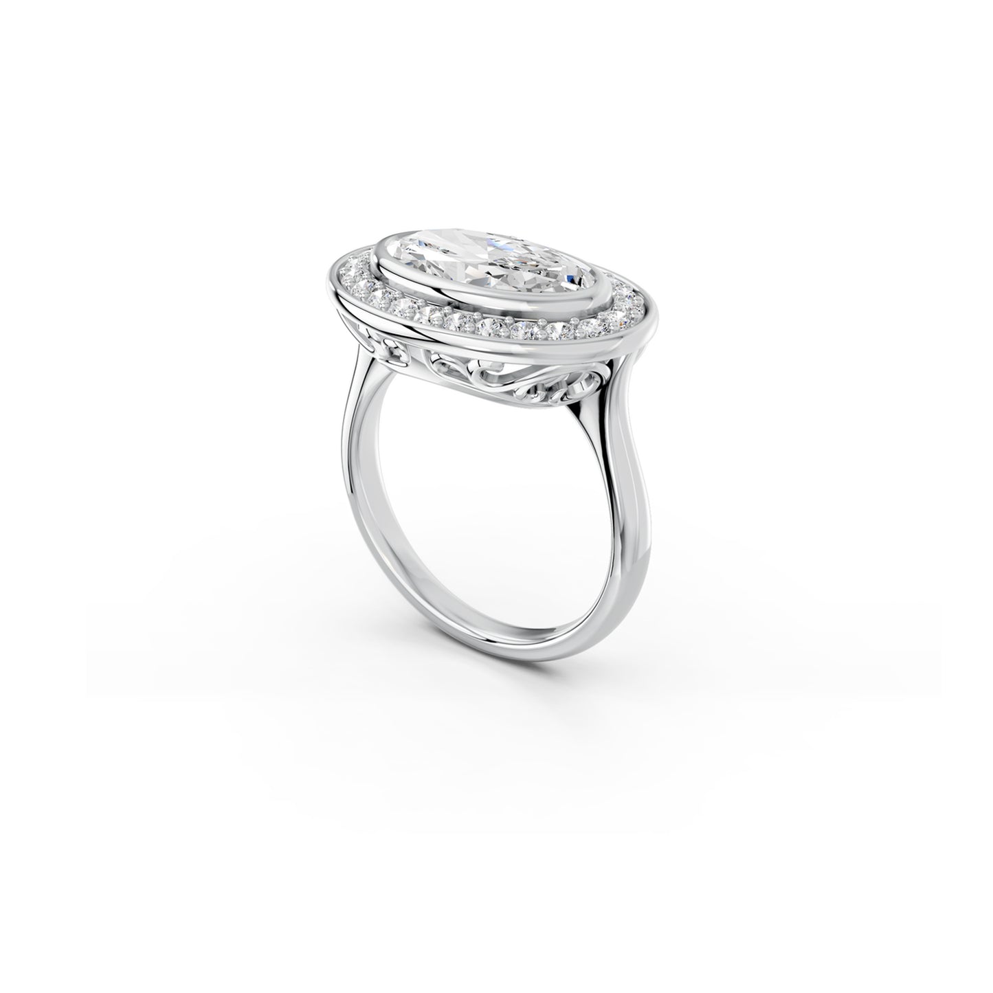 East-west moval lab diamond halo ring with decorative gallery viewed from the side | South Africa 