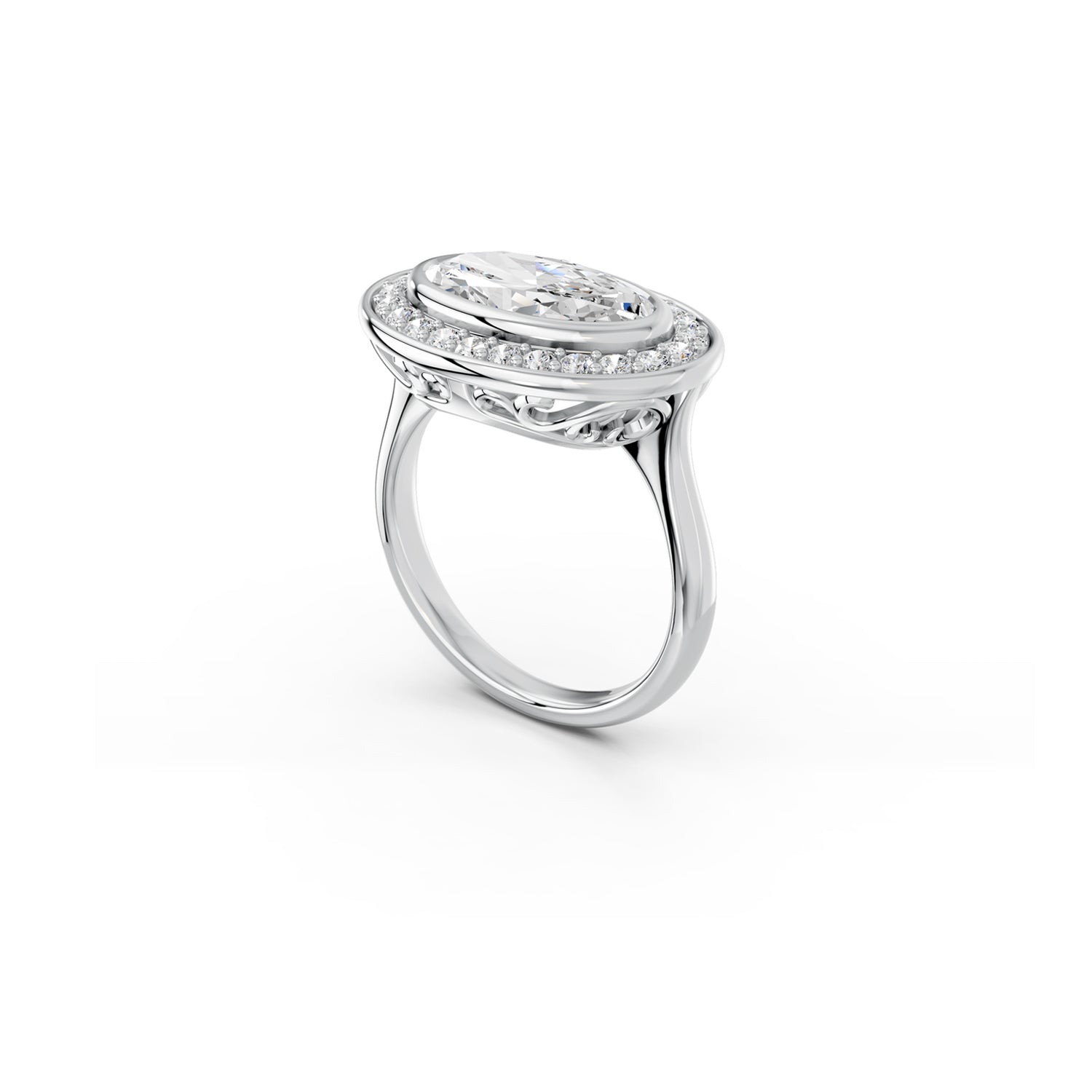 East-west moval lab diamond halo ring with decorative gallery viewed from the side | South Africa 