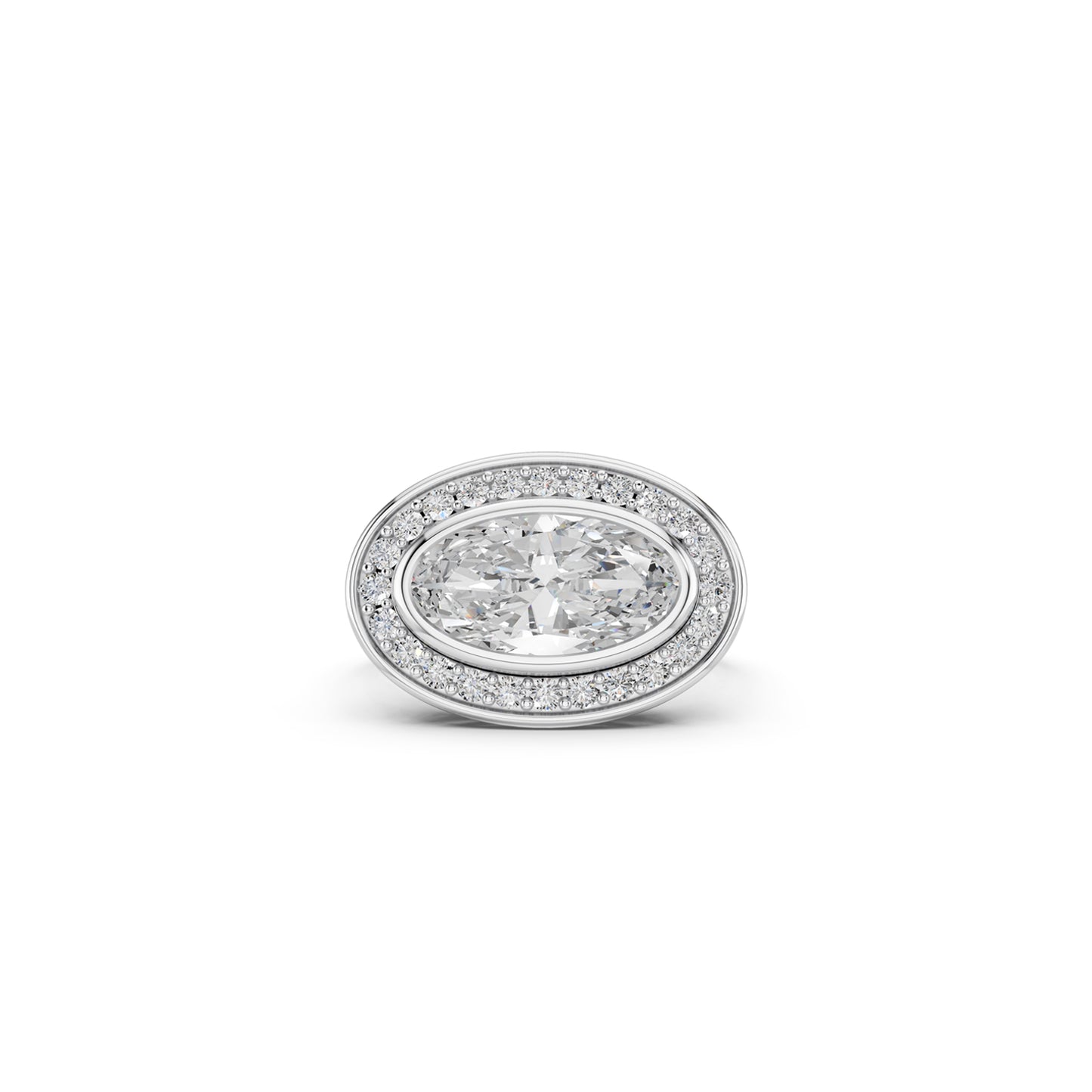 Top view of white gold moval cut halo lab diamond ring 