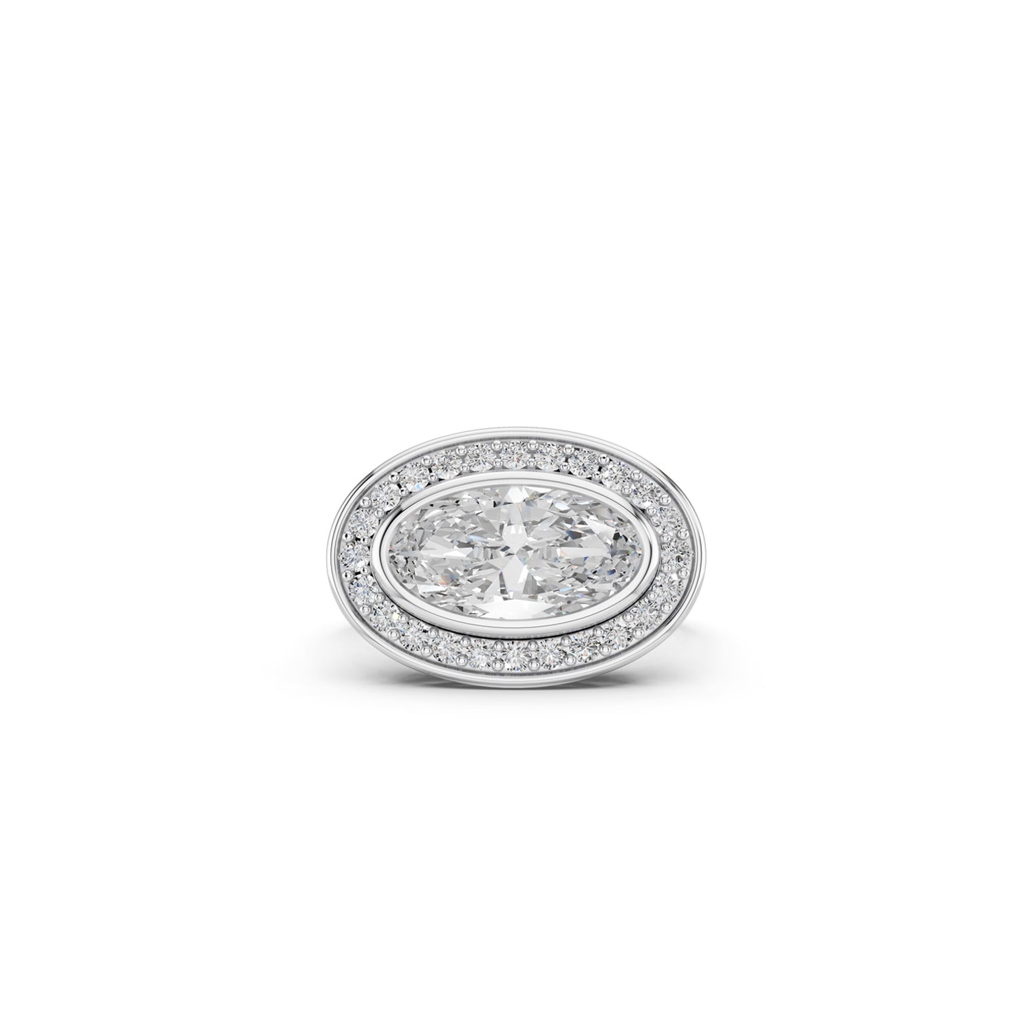 Top view of white gold moval cut halo lab diamond ring 