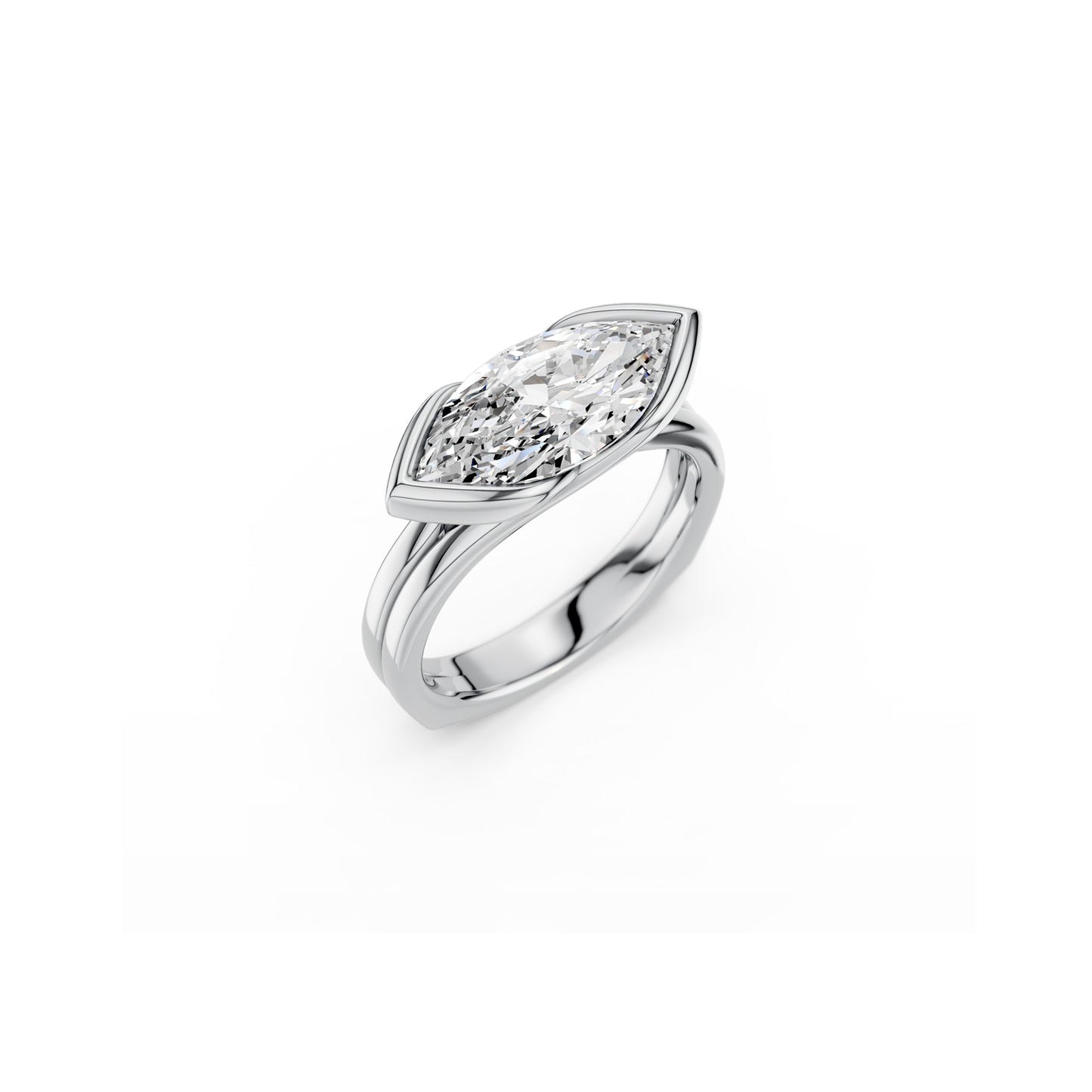 Bold east-west marquise engagement ring in white gold, perspective view