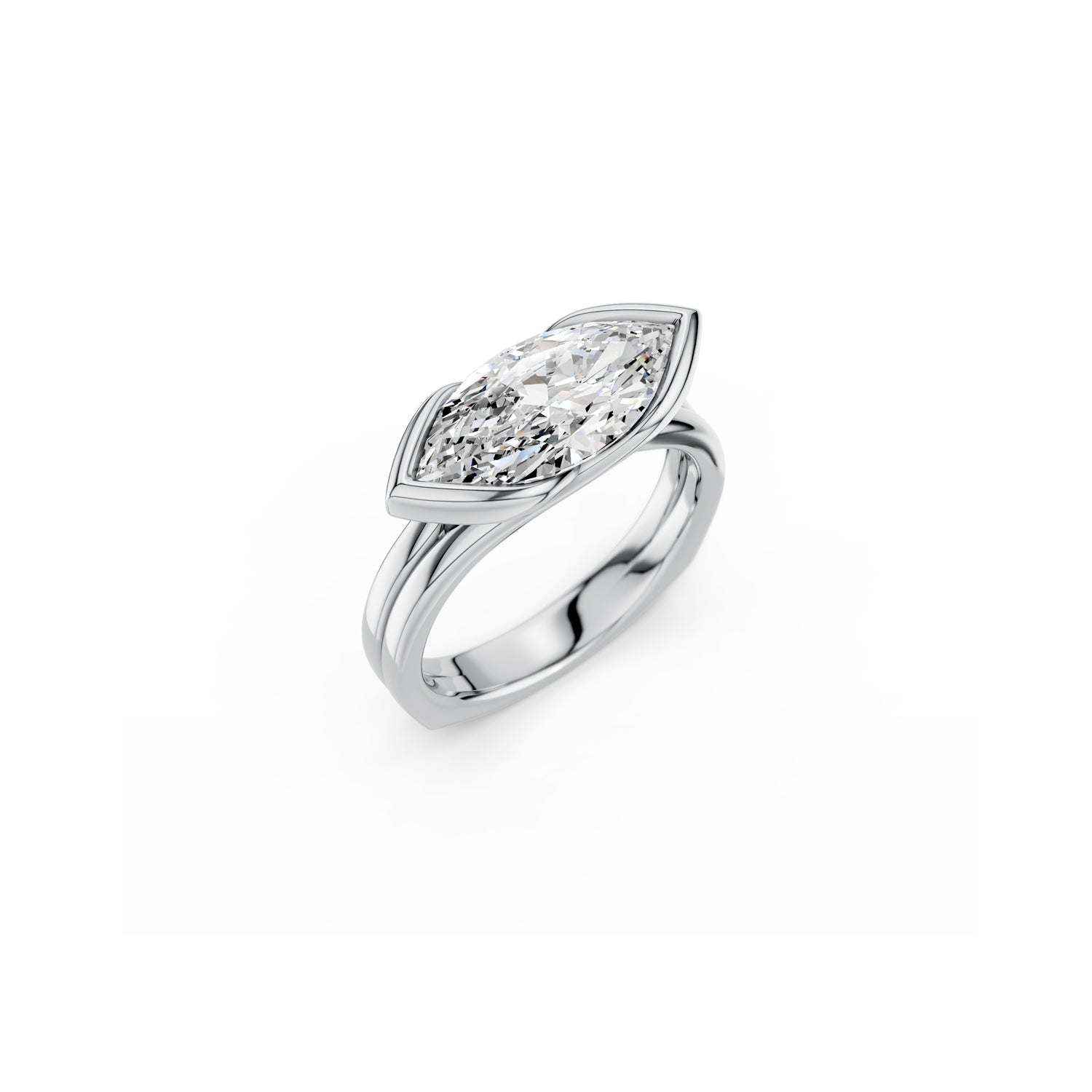 Bold east-west marquise engagement ring in white gold, perspective view