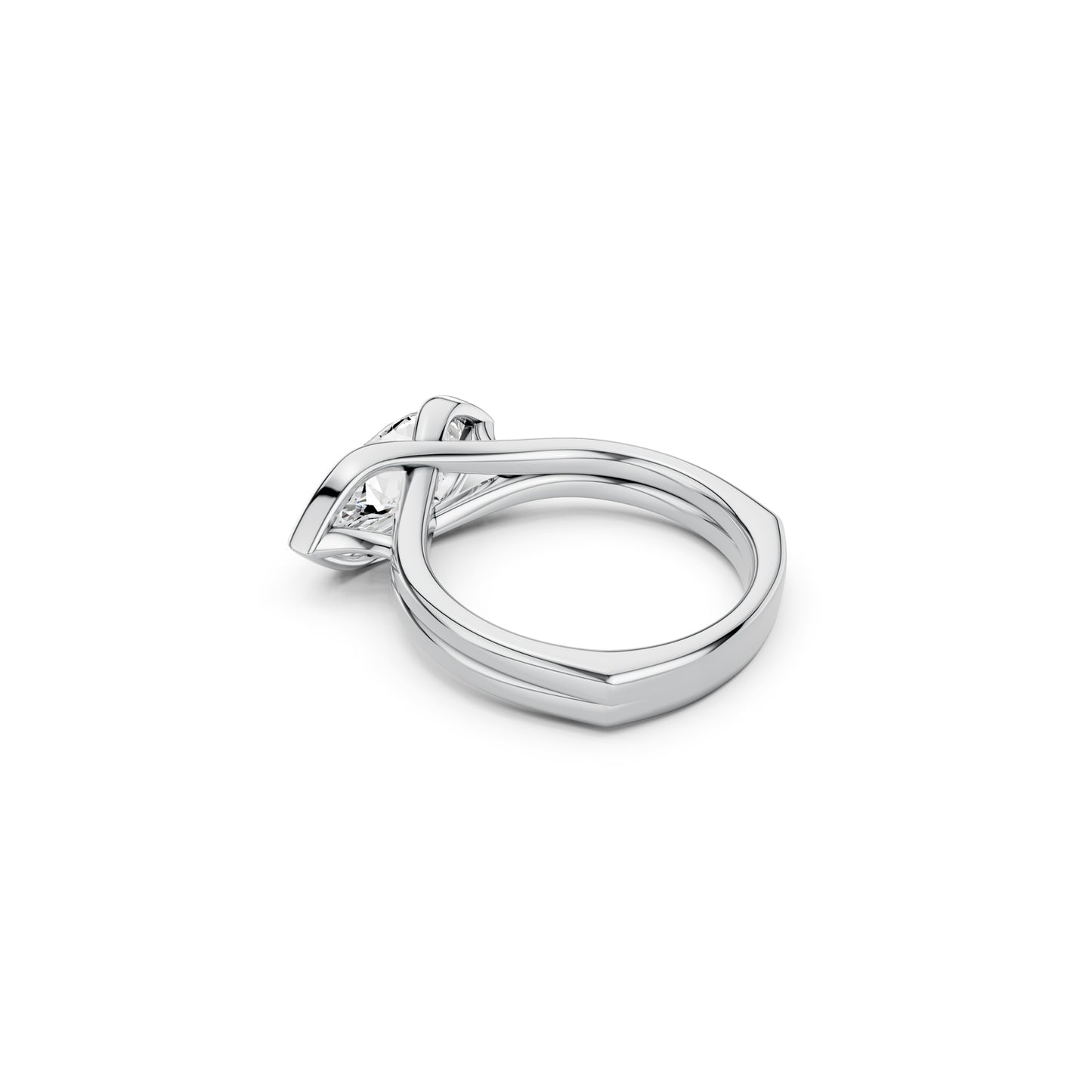 Dramatic marquise diamond ring with modern cross over silhouette and split bezel in white gold
