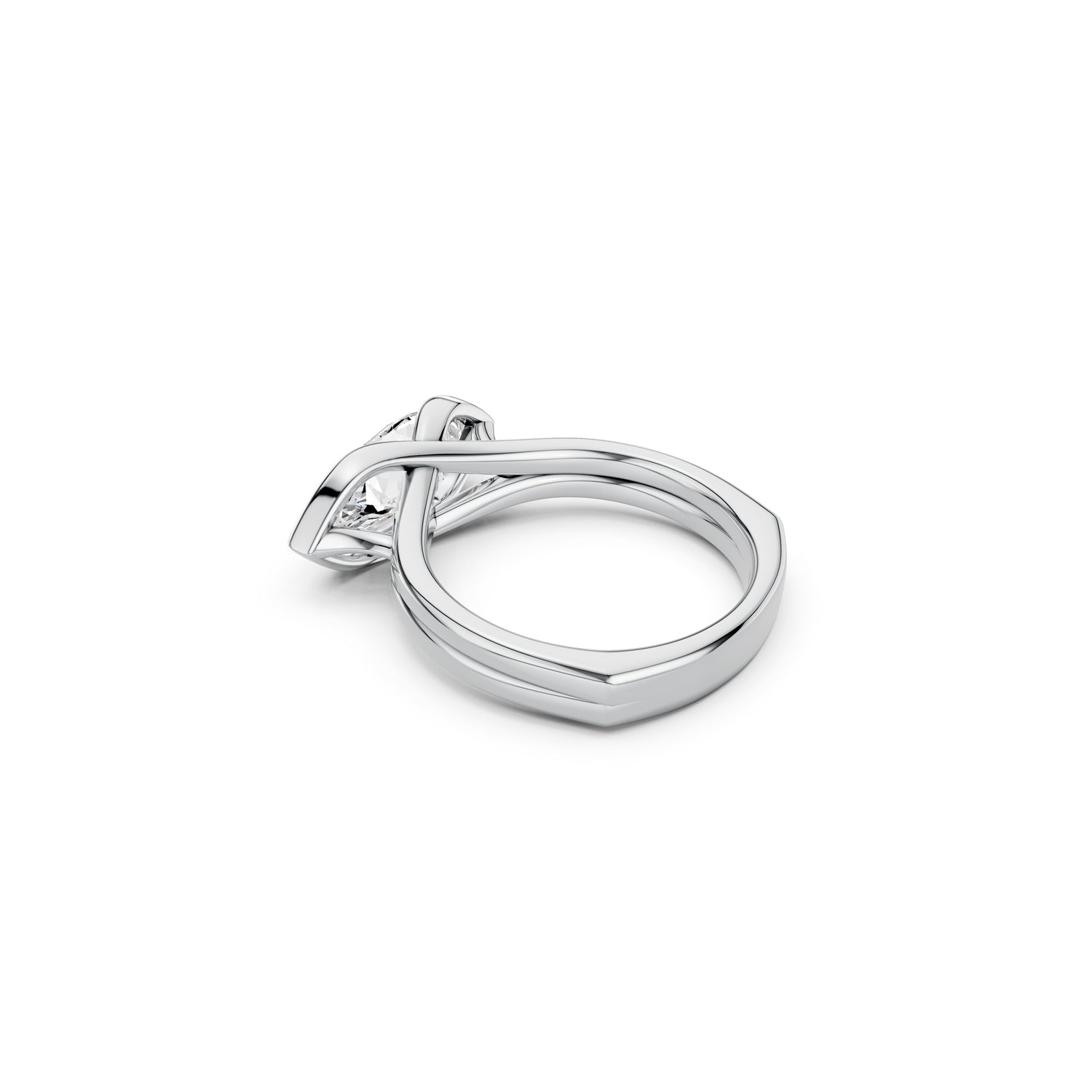 Dramatic marquise diamond ring with modern cross over silhouette and split bezel in white gold