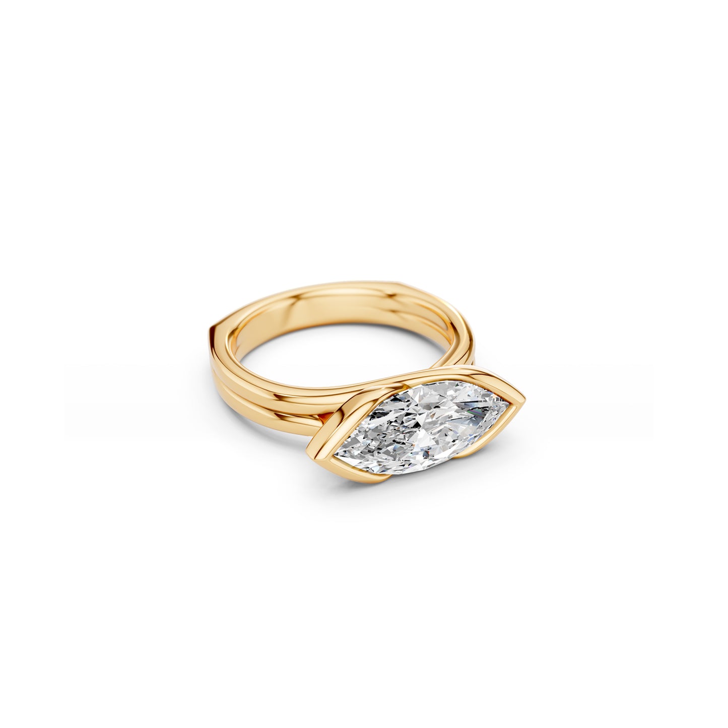 Angled view of east west, partial bezel marquise statement ring with fluid curves and a euro shank 