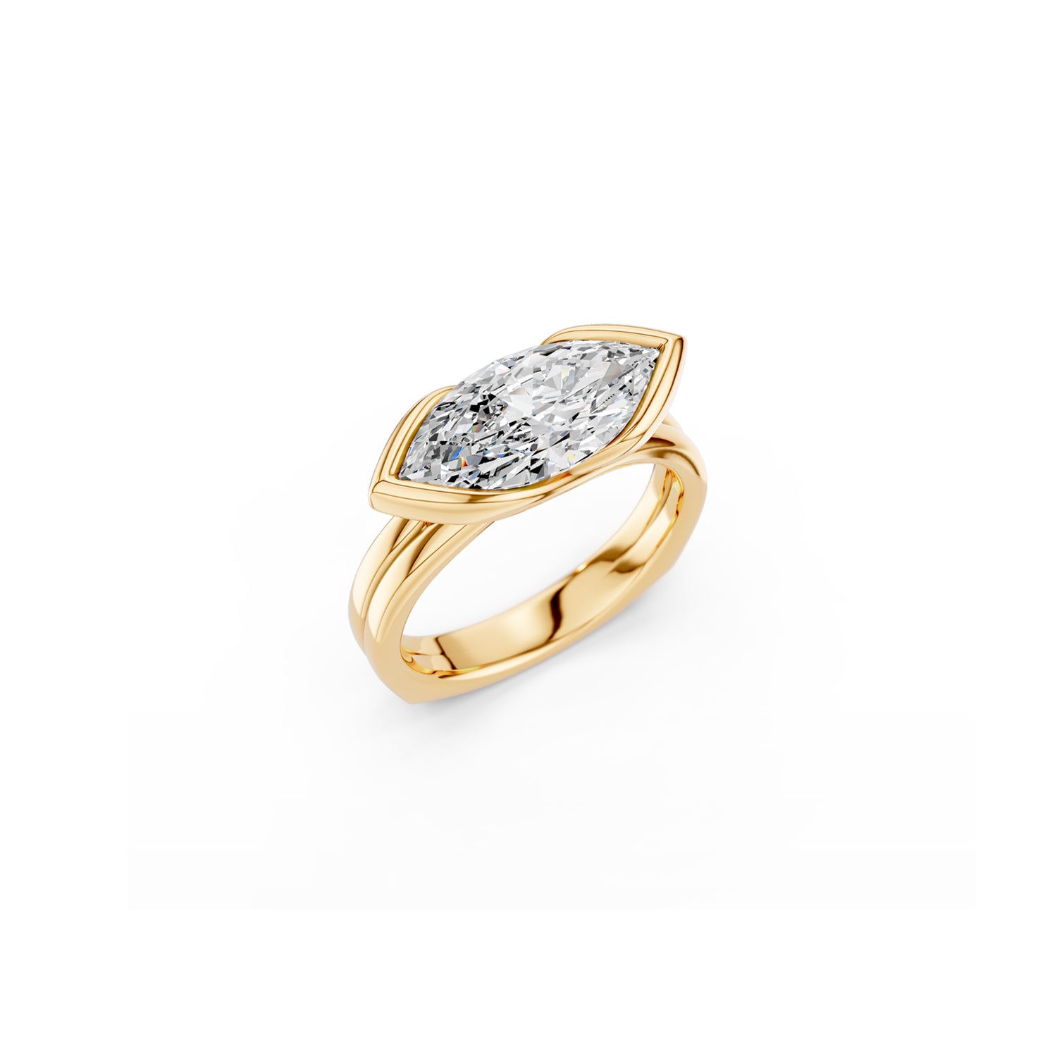 Perspective view of dramatic marquise diamond ring with modern silhouette and east-west partial bezel in yellow gold