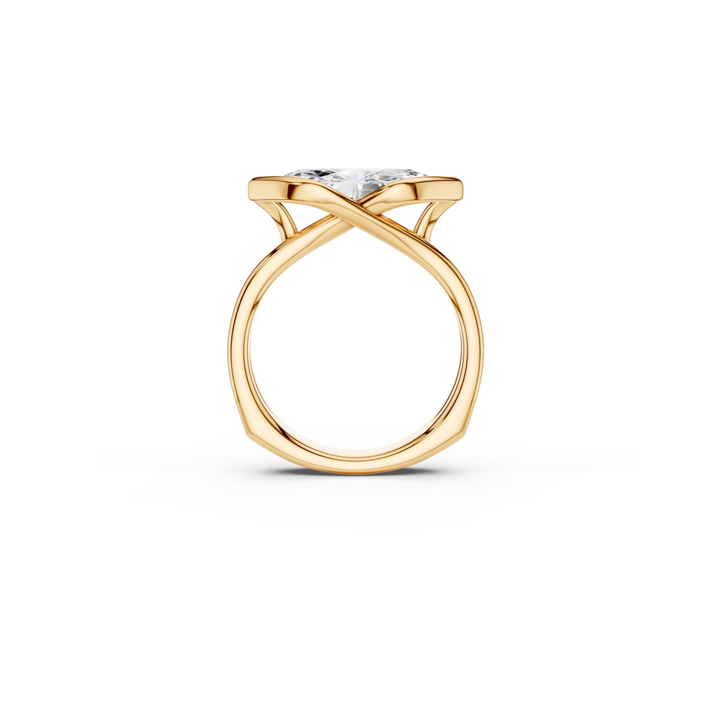 Side profile of fluid marquise solitaire ring showing crossover detail and euro shank