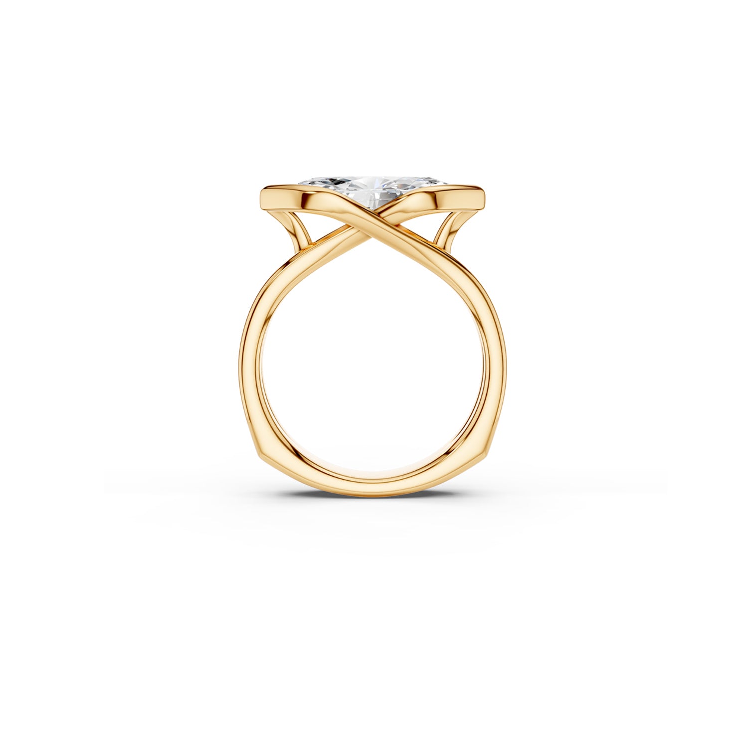 Side profile of fluid marquise solitaire ring showing crossover detail and euro shank