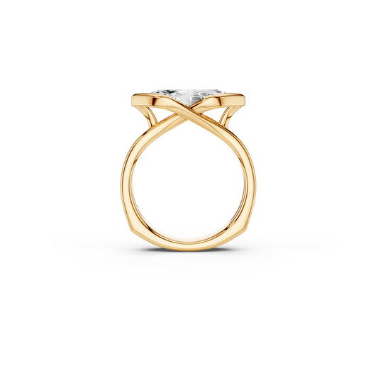 Side profile of fluid marquise solitaire ring showing crossover detail and euro shank